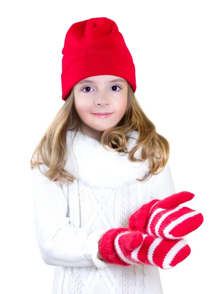 Child girl christmas clothes stretching empty hands isolated. — Stock Photo, Image