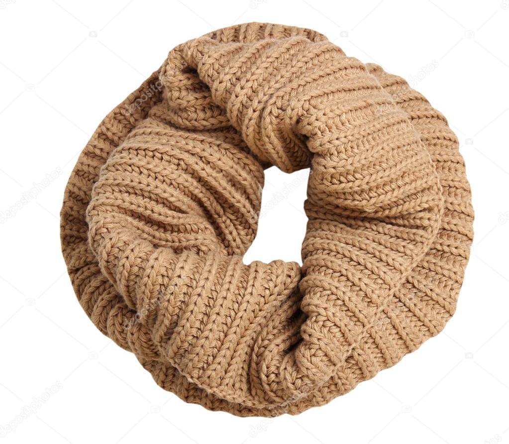 Fahion knitted snood scarf isolated on white.