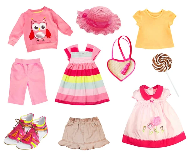Pink clothes baby collage set isolated on white. — Stock Photo, Image