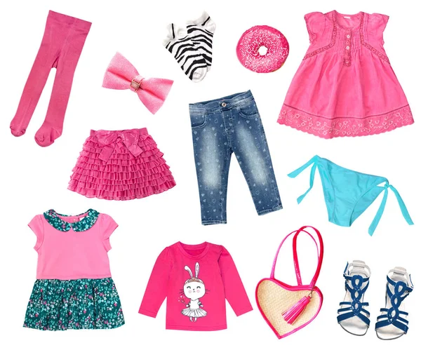 Baby child girl fashion clothes collage isolated. — Stock Photo, Image