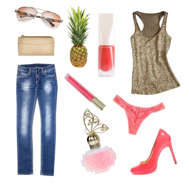 Erkek giysi ve aksesuar beyaz kolaj izole.