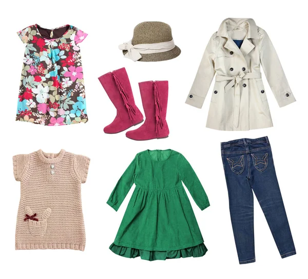 Fashion spring child girl's clothes collage set isolated. — Stock Photo, Image