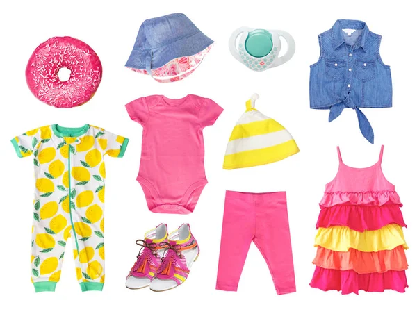Summer bright baby child girl clothes isolated set. — Stock Photo, Image