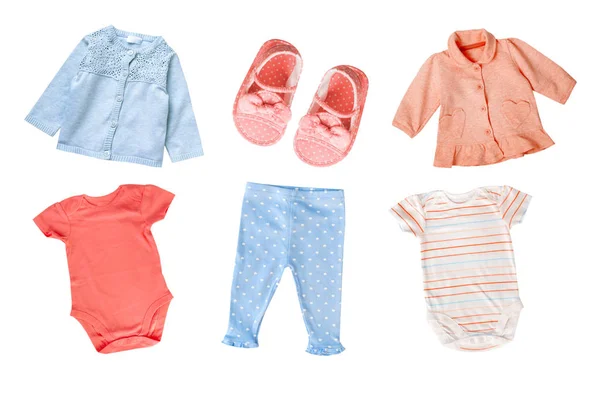 Pastel colors cotton baby child girl clothes set collage isolate — Stock Photo, Image