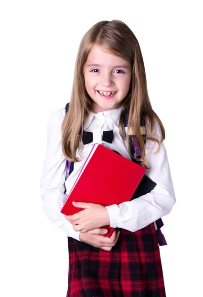 Σχολείο κορίτσι απομονωμένα σε λευκό. Μαθητής με βιβλία. — Φωτογραφία Αρχείου