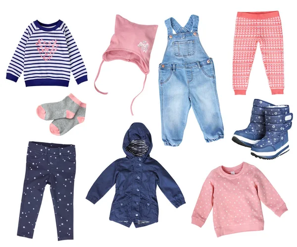 Collage of child girl fashion clothes isolated. — Stock Photo, Image