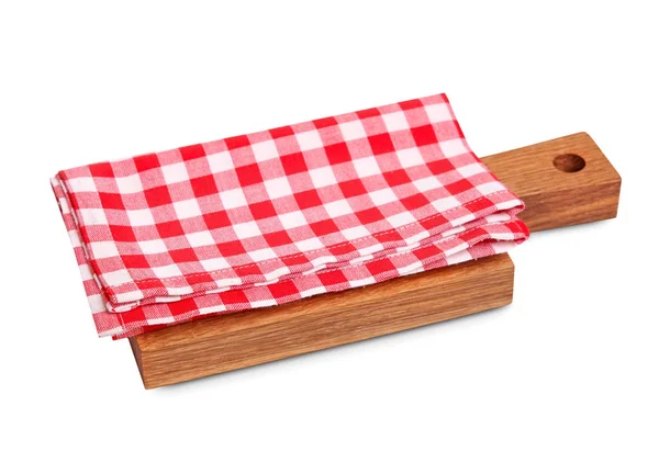 Красная клетчатая ткань на деревянной доске изолирована . — стоковое фото