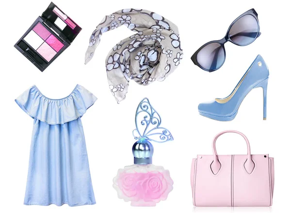 Vrouwelijke kleding accessoires geïsoleerde set in blauwe kleur. — Stockfoto