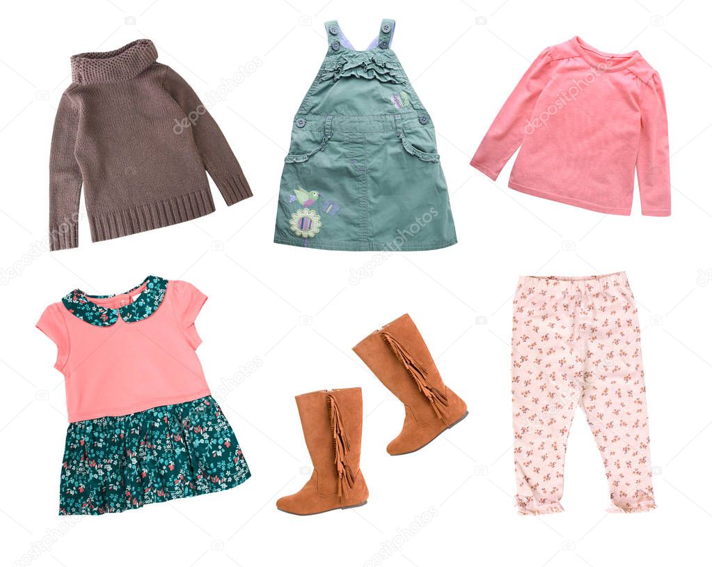 Vintage child's clothes collection set isolated.