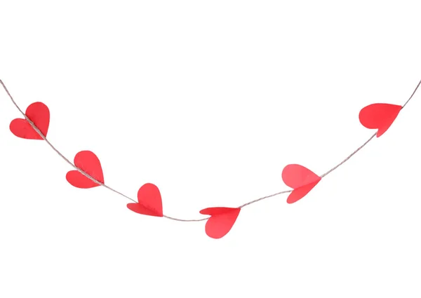 Red hearts on twine rope garland isolated.Valentine's wedding de — Stock Photo, Image