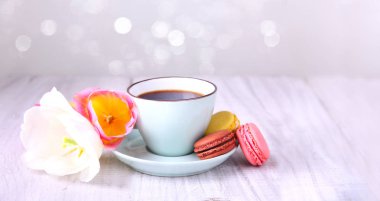 Kahve ve kurabiye. Anneler günü yatay arka plan.