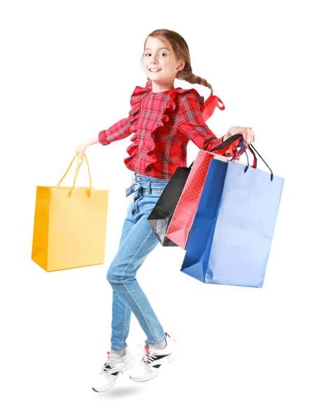 Chica Joven Con Bolsas Papel Haciendo Compras Aisladas Niño Haciendo — Foto de Stock