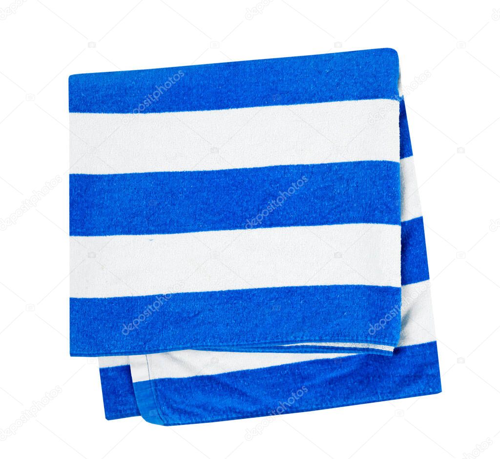 Summer beach white blue stripes folded towel isolated on white.