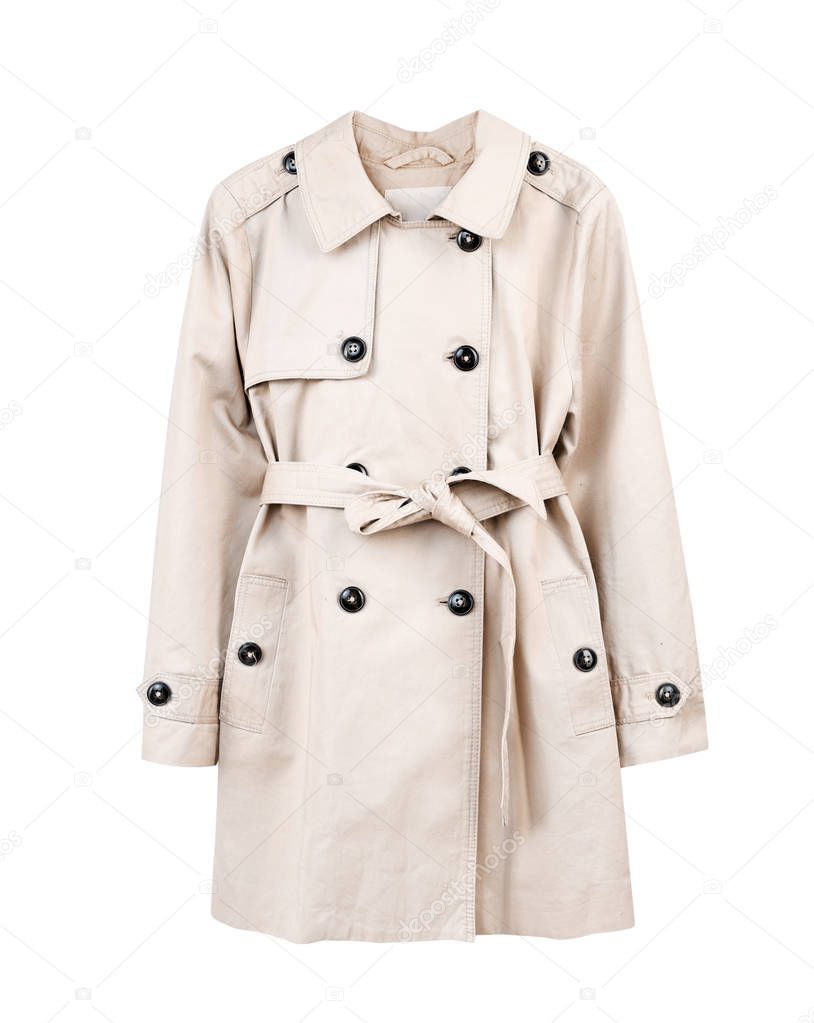 Girl's fashion beige cotton coat isolated on white background,trendy classic outwear.Elegant clothes.