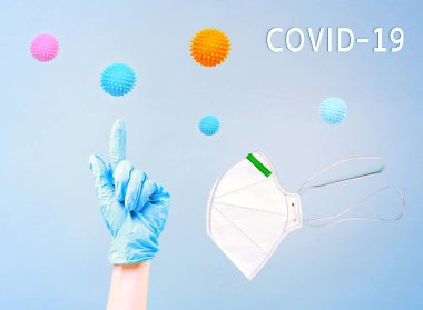 Virüsü önlemek için Covid-19 koruma, maske ve eldiven. Coronavirus bayrağı, şablon. Sağlık hizmeti kavramı..