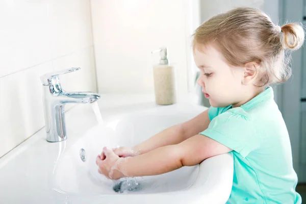 Child Washing Hands Soap Caucasian Kid Bathroom Hygiene Concept — Stock Photo, Image