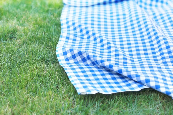 Serviette Carreaux Bleu Sur Herbe Gingham Napking Extérieur Affichage Publicité — Photo