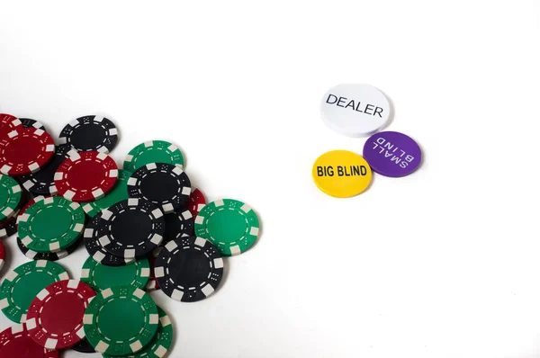 Poker Çipleri Oyun Kartları Dağıtıcı Düğmeleri Zarları — Stok fotoğraf