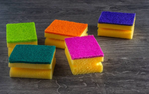 Colored Sponge Wooden Desk — Stock Photo, Image
