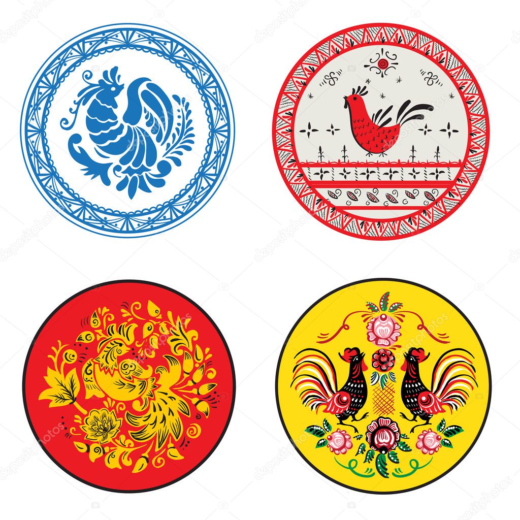 painted plate in the Russian style with the image of the roosters.