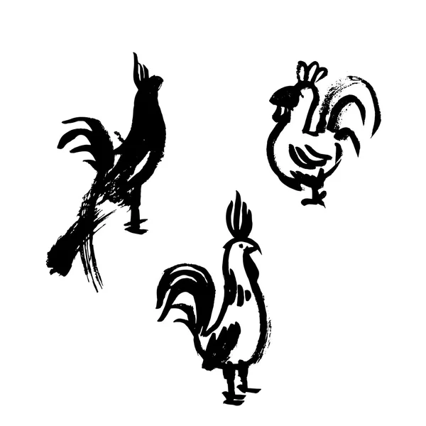 Ink drawing of a black roosters — Stock Vector