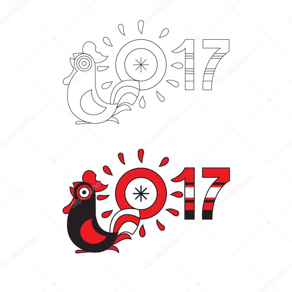 The symbol of the year, the rooster as numbers. Black and red