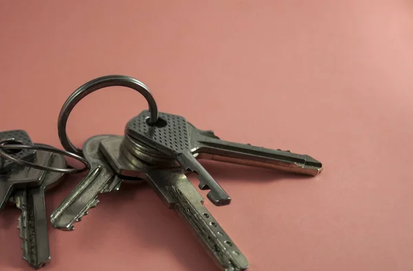 Meerdere Toetsen Van Verschillende Vormen Een Roze Achtergrond Met Ruimte — Stockfoto