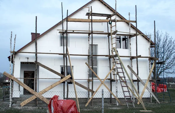 Photo Shows White Unfinished White Two Storeyed Private House Sky — Stock Photo, Image