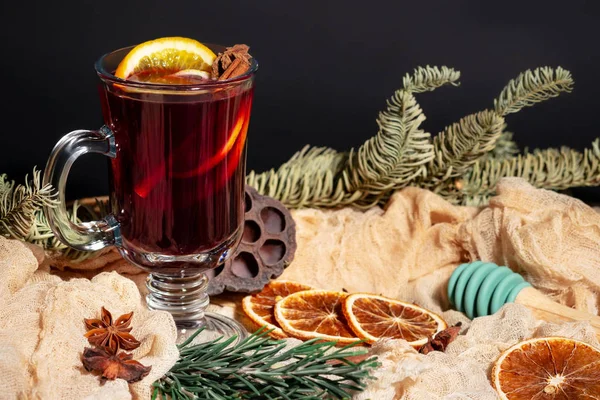 Christmas Composition Mulled Wine Oranges Branches Spruce Dark Black Background — Stock Photo, Image