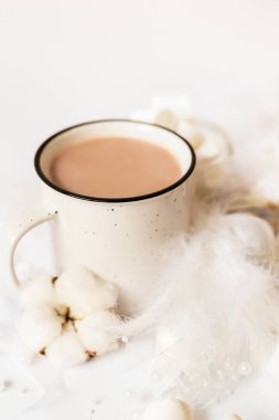 Beyaz arka planda lokum bulunan bir fincan sıcak kakao. Kış havası.