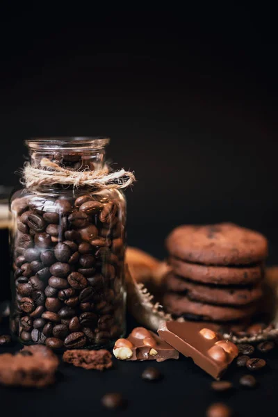Shortbread Cookies Chocolate Pieces Milk Chocolate Nuts Coffee Beans Black — Stock Photo, Image