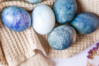 Renkli paskalya yumurtaları ve beyaz arka planda kırsal tarzda bahar çiçekleri olan güzel sakin bir hayat..