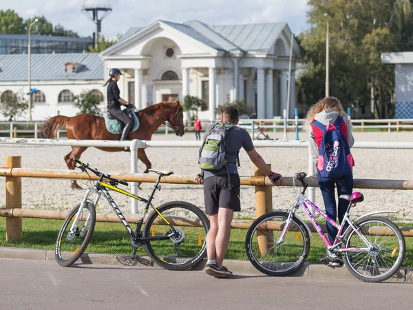 骑自行车的人看的骑马 — 图库照片