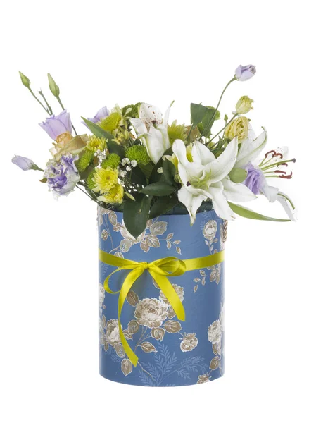 Bouquet in a box with a bow — Stock Photo, Image