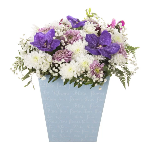 Bukett med blomster i en blå eske – stockfoto