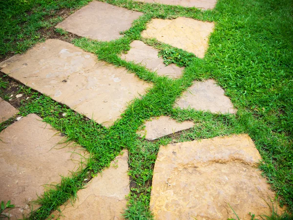 Kamenný blok způsob chůze v zahradě s pozadím zelené trávy — Stock fotografie