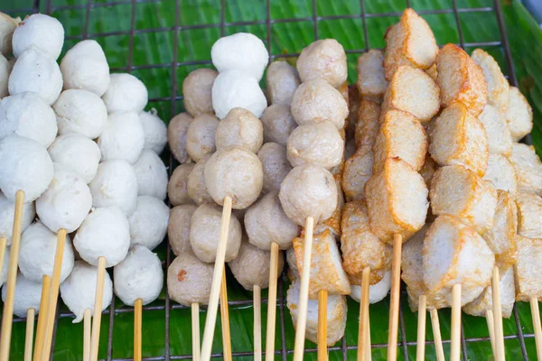 Various meat ball on stick selling beside the street of Thailand — Stock Photo, Image