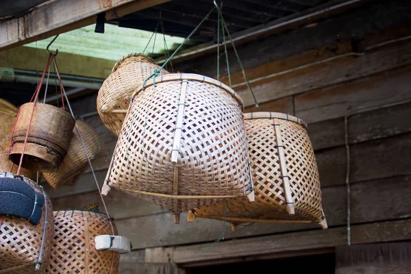 Hanging woven bamboo pot for Thai Northeastern style — Stock Photo, Image