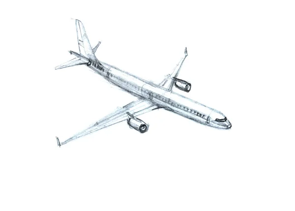 Αεροπλάνο στον ουρανό. Χειροποίητη απεικόνιση μολυβιού — Φωτογραφία Αρχείου