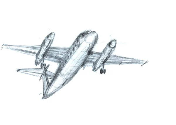 Samolot na niebie. Ręcznie rysowany ołówek ilustracja — Zdjęcie stockowe