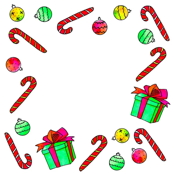 El marco está hecho de bastón de caramelo, bolas de árbol de Navidad, cajas de regalo. Fondos y texturas de Año Nuevo y Navidad. Para tarjetas de felicitación, foto, diseño, impresión — Foto de Stock