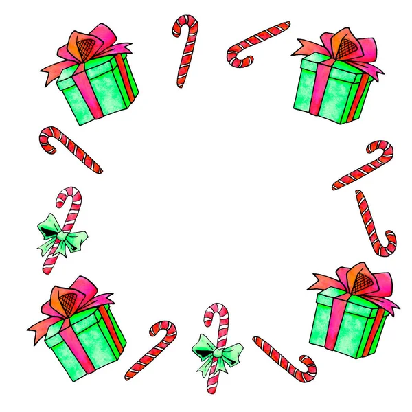 El marco está hecho de bastón de caramelo, cajas de regalo. Fondos y texturas de Año Nuevo y Navidad. Para tarjetas de felicitación, foto, diseño, impresión —  Fotos de Stock