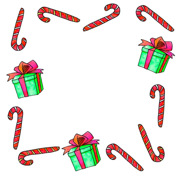 El marco está hecho de bastón de caramelo, cajas de regalo. Fondos y texturas de Año Nuevo y Navidad. Para tarjetas de felicitación, foto, diseño, impresión — Foto de Stock