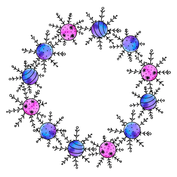 Natal e ano novo grinalda simples de flocos de neve. Para cartão de felicitações: Feliz Natal. Fundo para férias de inverno. Doodle desenho animado ilustração . — Fotografia de Stock