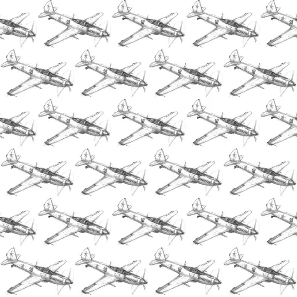 Płynny wzór z samolotami narysowanymi ołówkiem. Tła i tekstury dla chłopców, podróże, biznes design, opakowania, tkaniny, tekstylia, druki — Zdjęcie stockowe