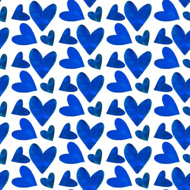 Suluboya kalpli kusursuz bir desen. Romantik ve aşk geçmişi ve dokusu. Kutlama kartları, ambalaj kağıtları, ambalaj, düğün, doğum günü, kumaş, tekstil, Sevgililer Günü, Anneler Günü