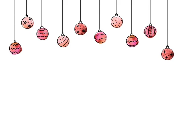 Kerstmis en Nieuwjaar achtergrond met opknoping aquarel kerstballen — Stockfoto