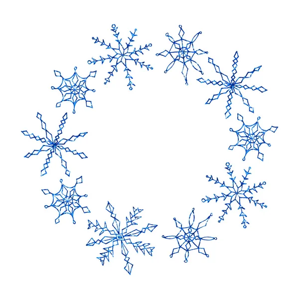 Noël et nouvel an simple couronne de flocons de neige. Pour la carte de voeux : Joyeux Noël. Contexte pour les vacances d'hiver. Illustration de dessin animé Doodle . — Photo