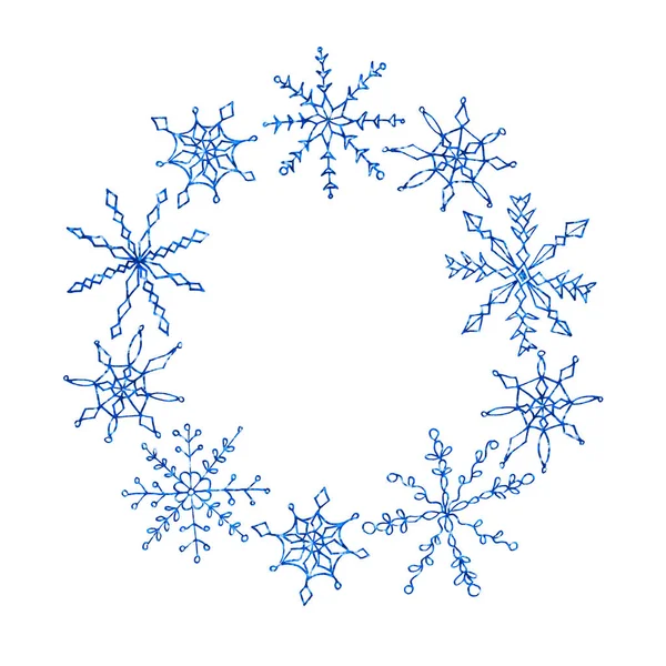Navidad y año nuevo la corona simple de los copos de nieve. Para la tarjeta de felicitación: Feliz Navidad. Fondo para las vacaciones de invierno. Dibujos animados Doodle ilustración . —  Fotos de Stock
