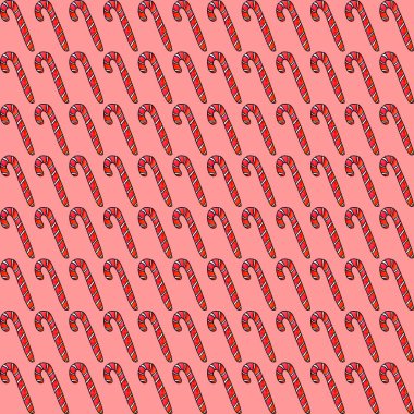 Şekerleme, şeker ve lolipopla kusursuz bir el çizimi. Yeni yıl ve Noel arkaplanı ve dokusu. Tebrik kartları, ambalaj kağıdı, ambalaj, kumaş, takvimler, baskılar için